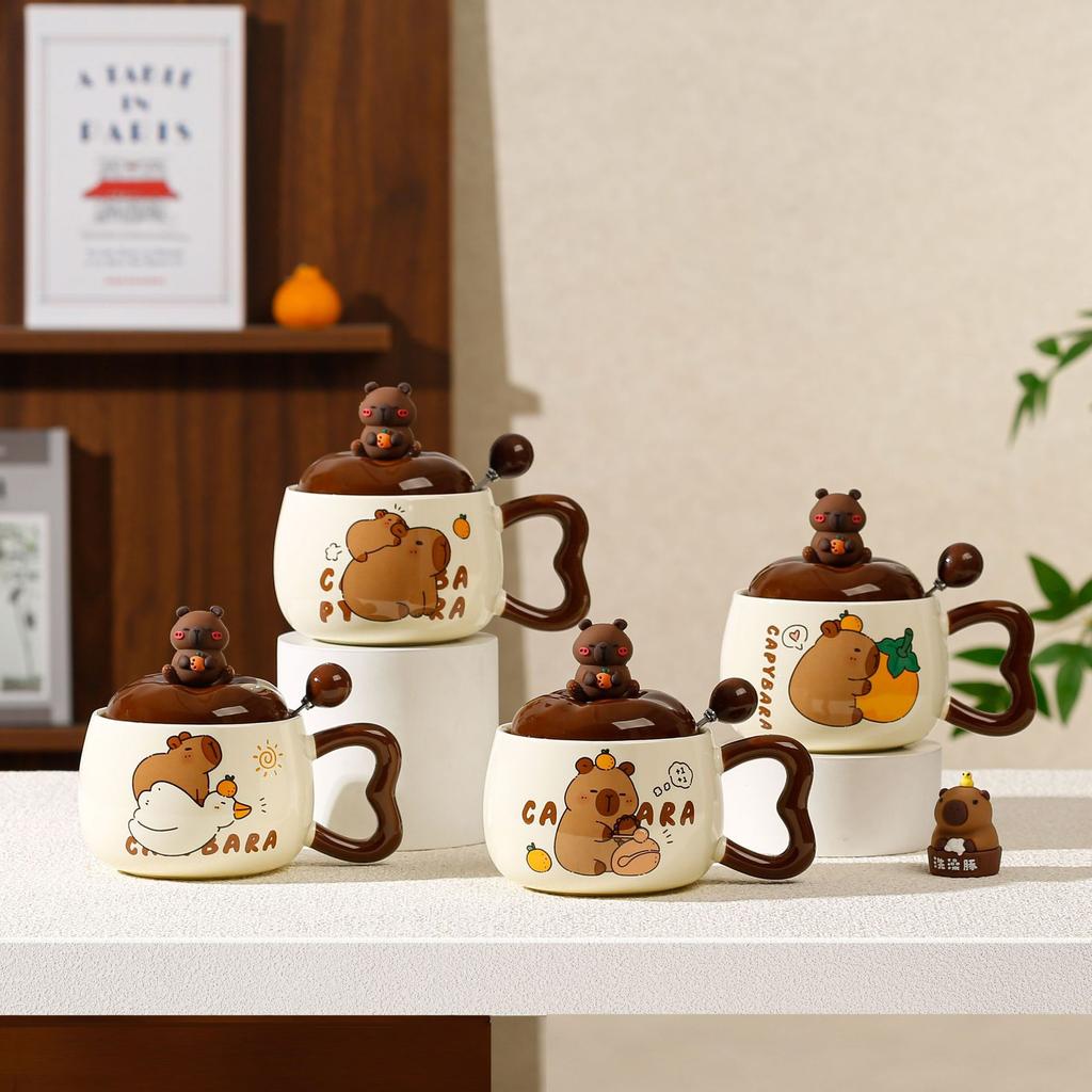 Cartoon Capibala Ceramic Mug with Lid Creative Coffee Milk Tea Water Cup Cute Children Breakfast Cup Household Drinkware