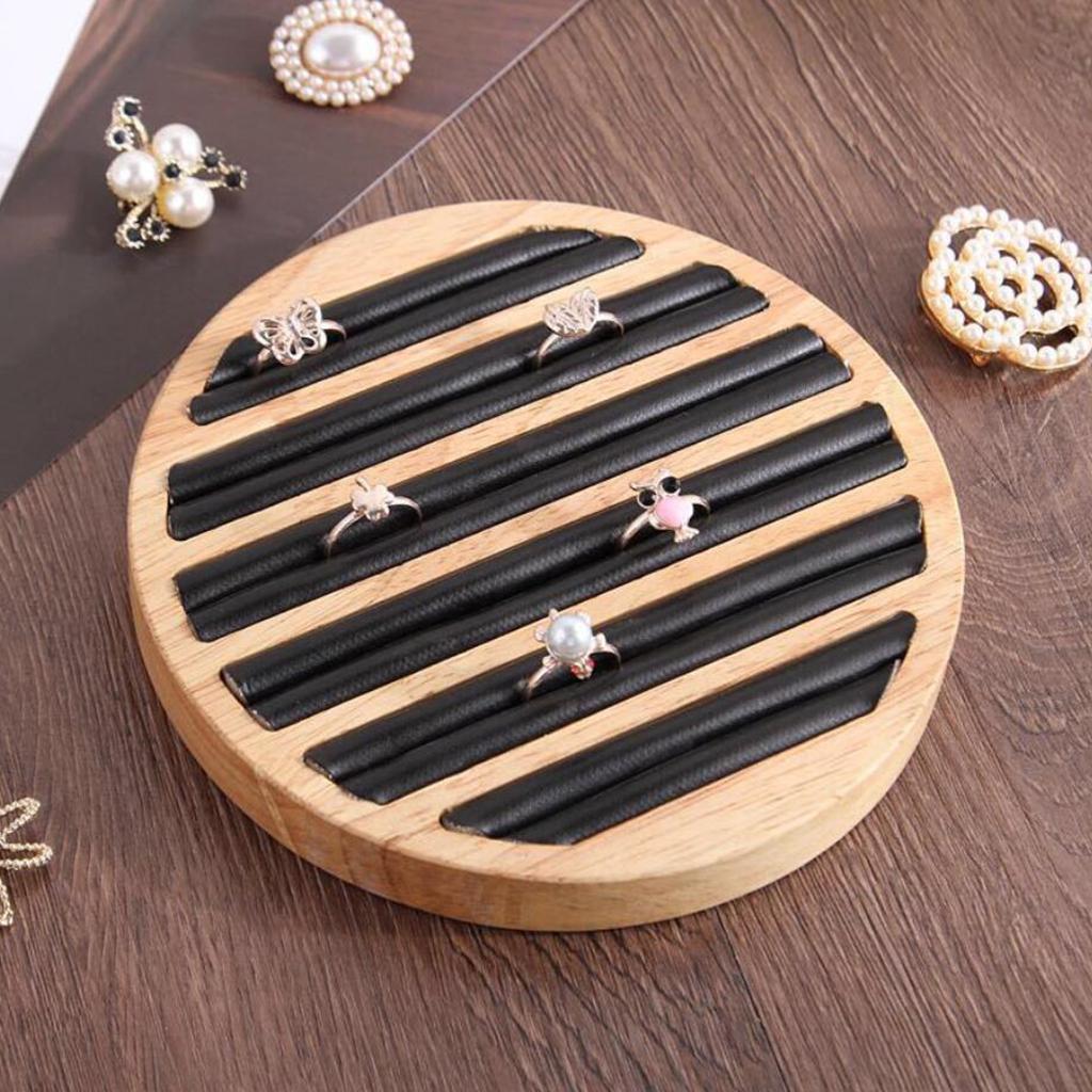 Round Wooden Jewelry Showcase Ring Display Tray Organizer White Leather