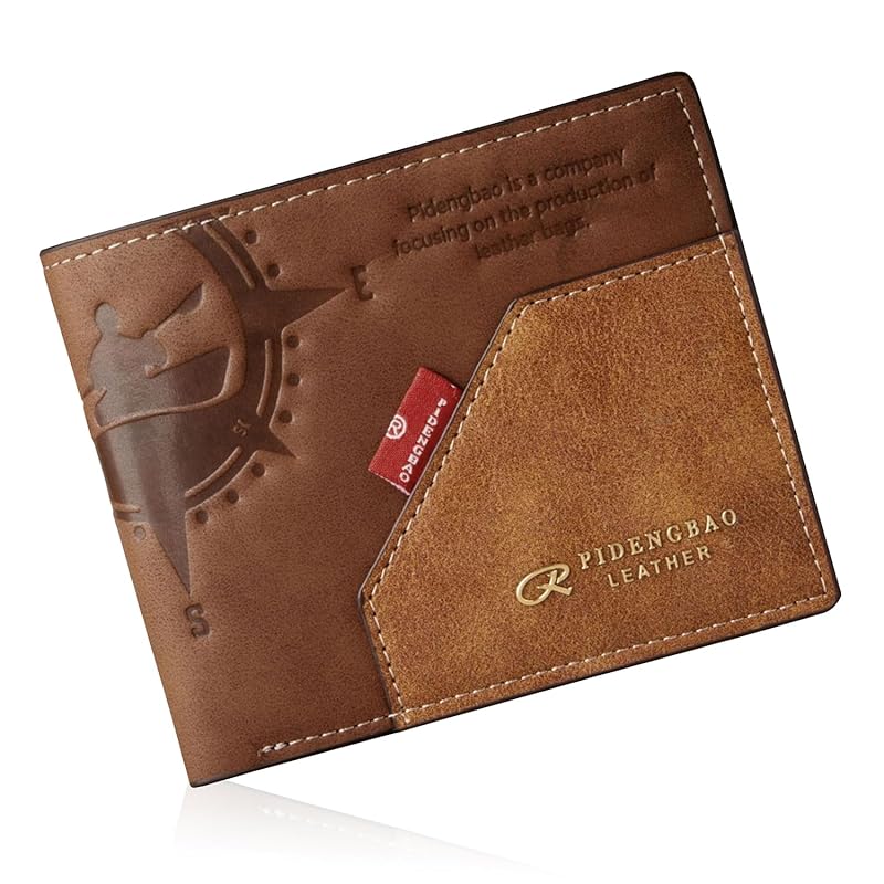 

[ORSUN] men s wallet bifold compact folding Thin genuine leather coin purse card holder male (light brown)