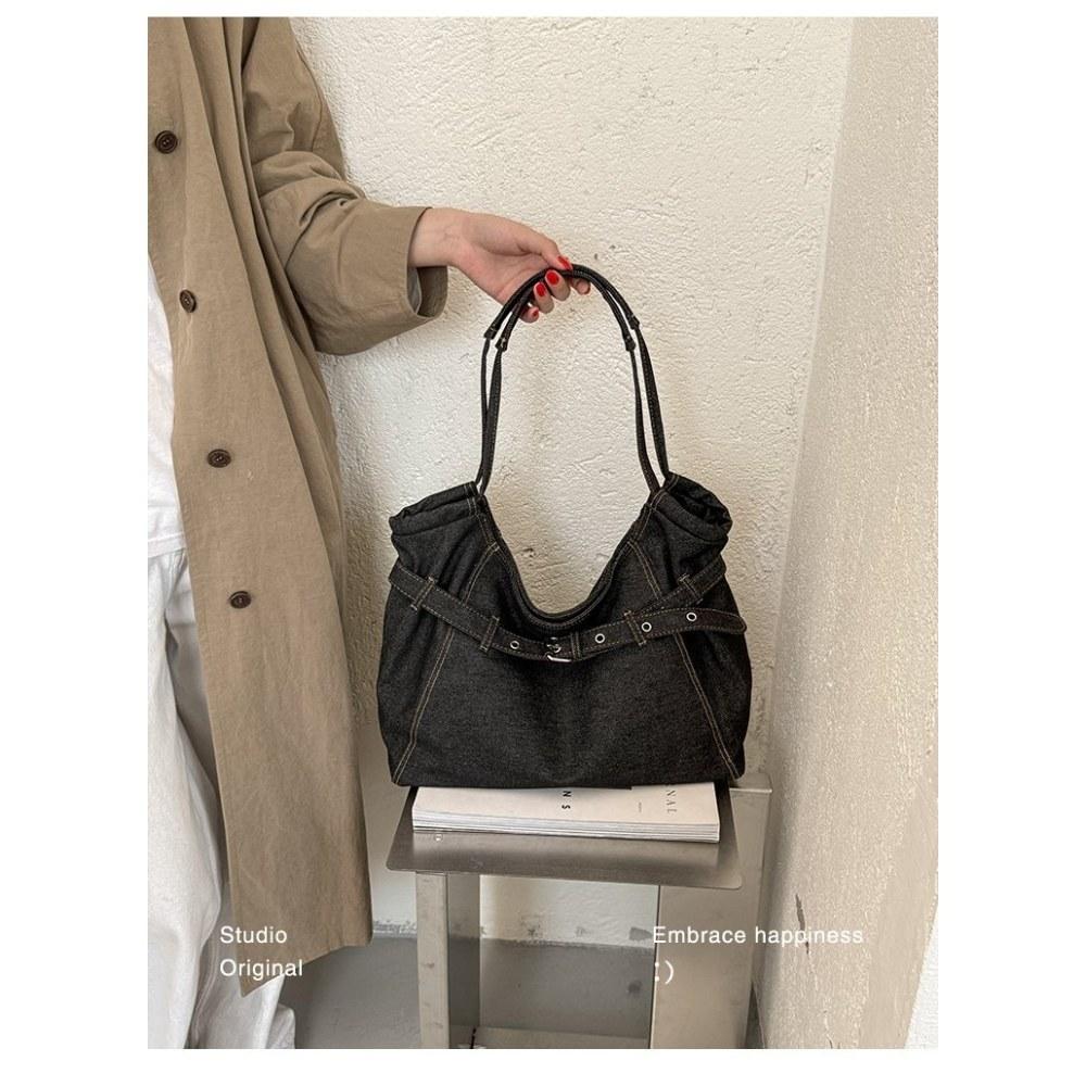Women Vintage Pleated DenimTote Bag for Daily Commute