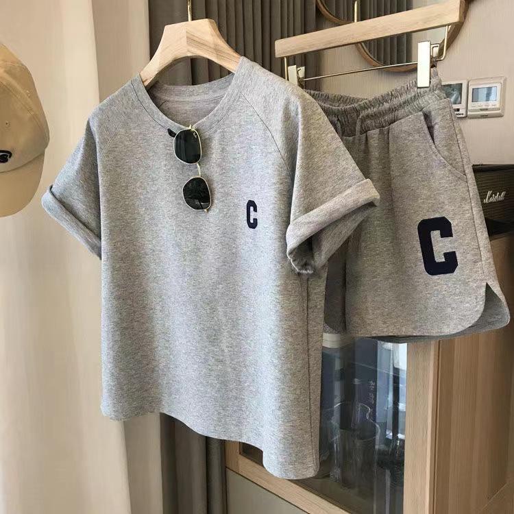 Korean Style Women's Summer Two-Piece Set: Loose Short Sleeve T-Shirt & Casual Sporty Print Shorts