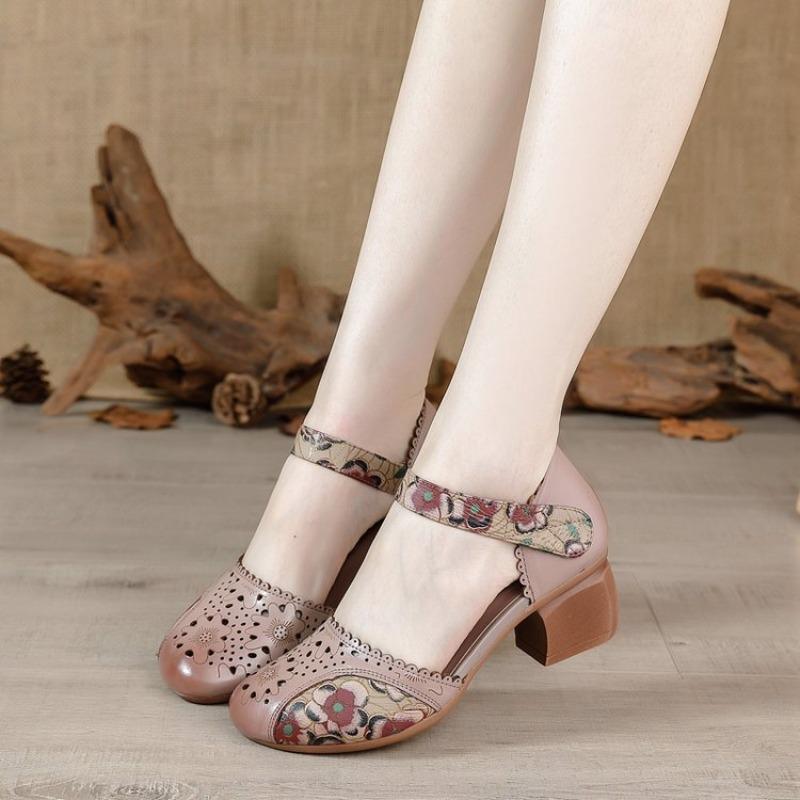 New Women Leather Shoe Sandals High Heel Summer Soft Sole Beach Hollow Flowers Shoes Female Luxury Sandals Women Heeled Sandals