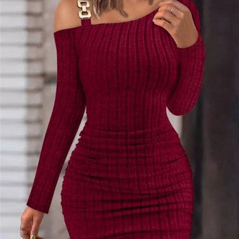 

2023 Hip Wrap Slim Fit Sexy Long Sleeve Dress for Women Burgundy M