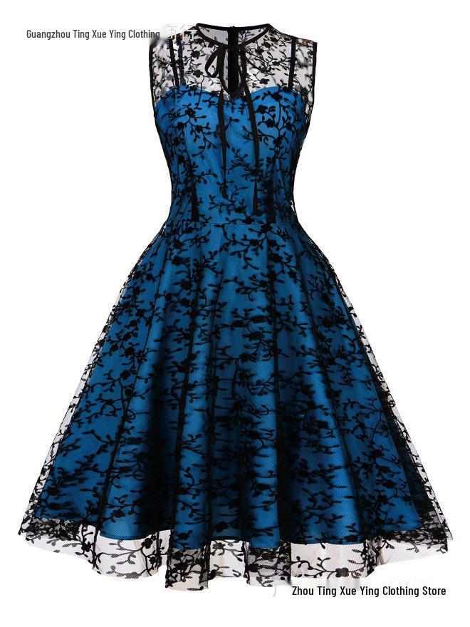 Women's Christmas Mesh Embroidered Midi Dress with Waist-Cinching and Sleeveless Design