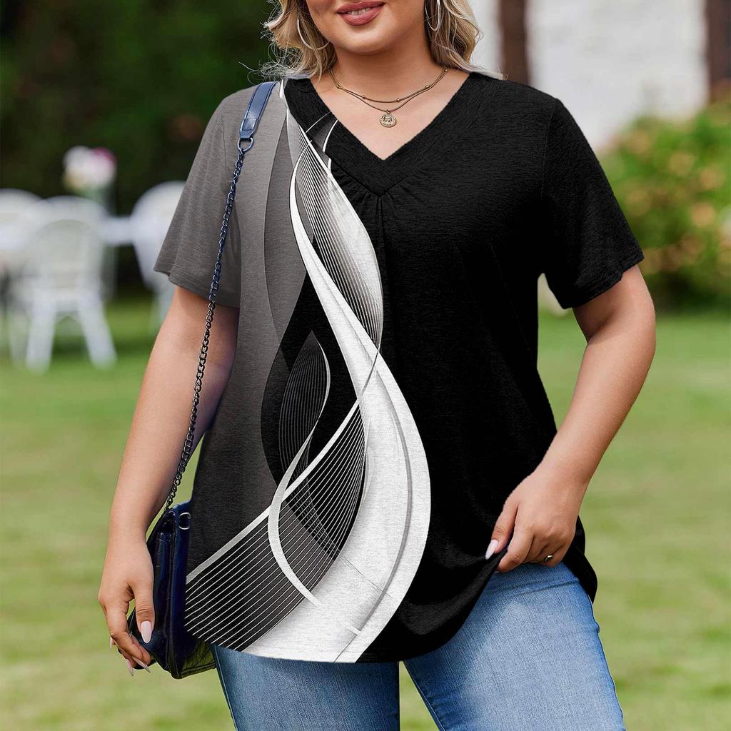 Women's Plus Size Fashionable Casual Loose-Fit Short Sleeve Elegant V Neck Blouse For Work