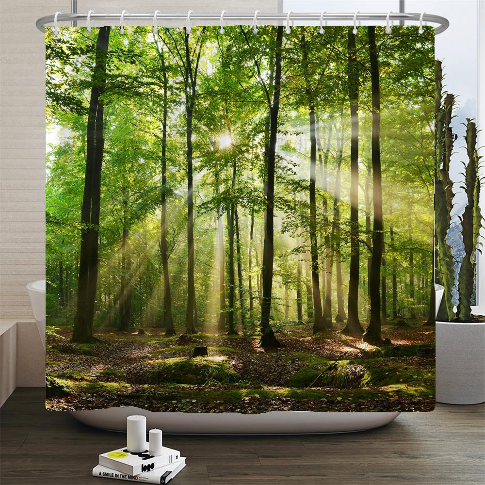 Natural Scenery Shower Curtain Set Forest Waterfall Spring Landscape Home Bathtub Decor Waterproof Polyester Bathroom Curtains