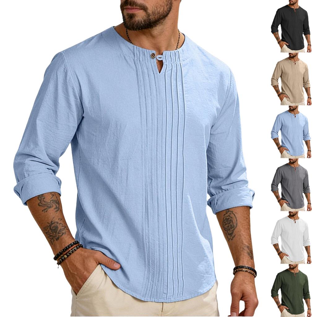 Men's Color Round Neck Long Sleeve Loose Fit Pullover Casual Cotton Linen Top