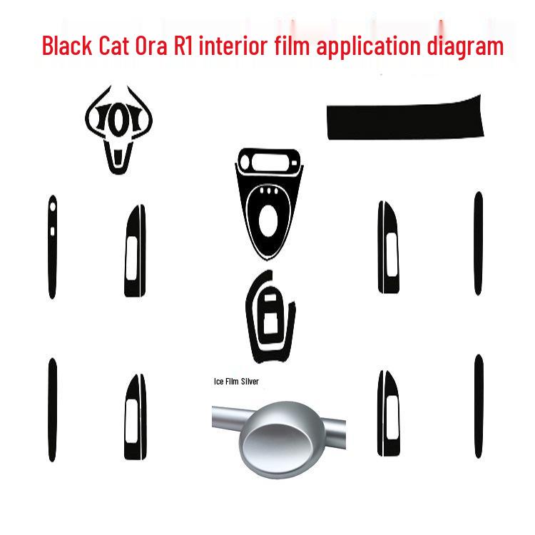 Carbon Fiber Interior Decor Stickers for Black Cat Ora R1: Central Control, Gear Position, and Door Panels
