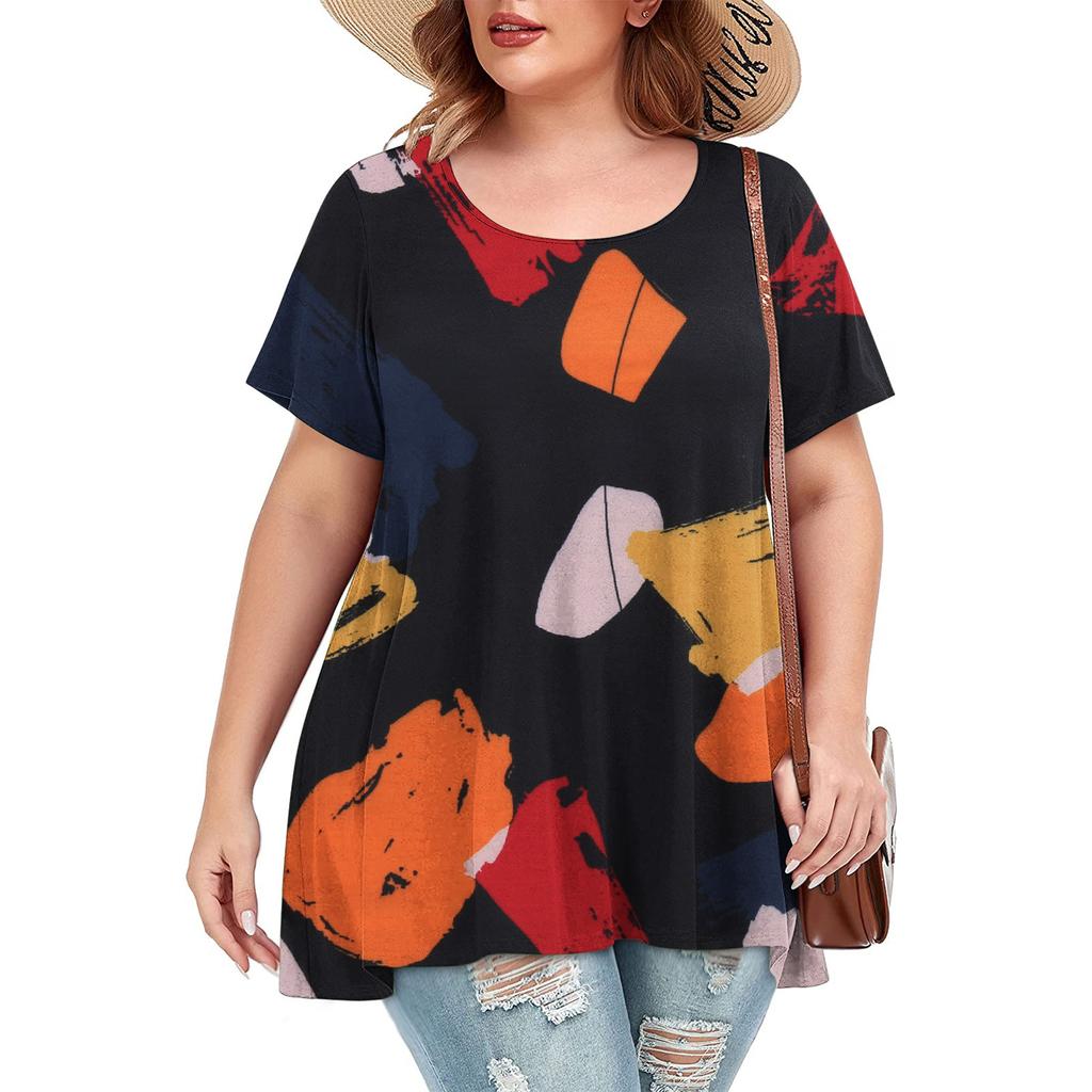 Womens Short Sleeve Casual Loose Printed O-Neck Tops -Shirt Plus Size