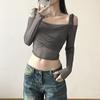 Solid Slash Neck Crop Tops Sexy Off Shoulder Straps Long Sleeve T-Shirts Slim Mesh Tees Y2K Streetwear Women