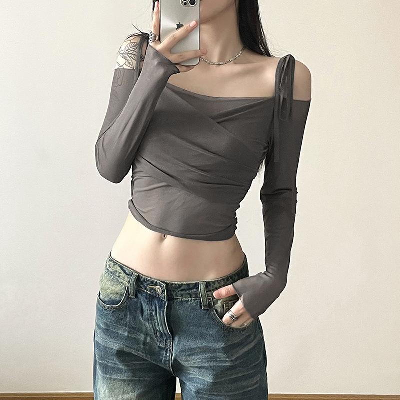 Solid Slash Neck Crop Tops Sexy Off Shoulder Straps Long Sleeve T-Shirts Slim Mesh Tees Y2K Streetwear Women