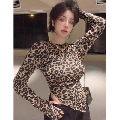 Leopard Print Short Tight Fitting Top for Female Hot Girls, Anchor Costume, Photogenic Temperament, Slim Fit Irregular Long Sleeved T-shirt
