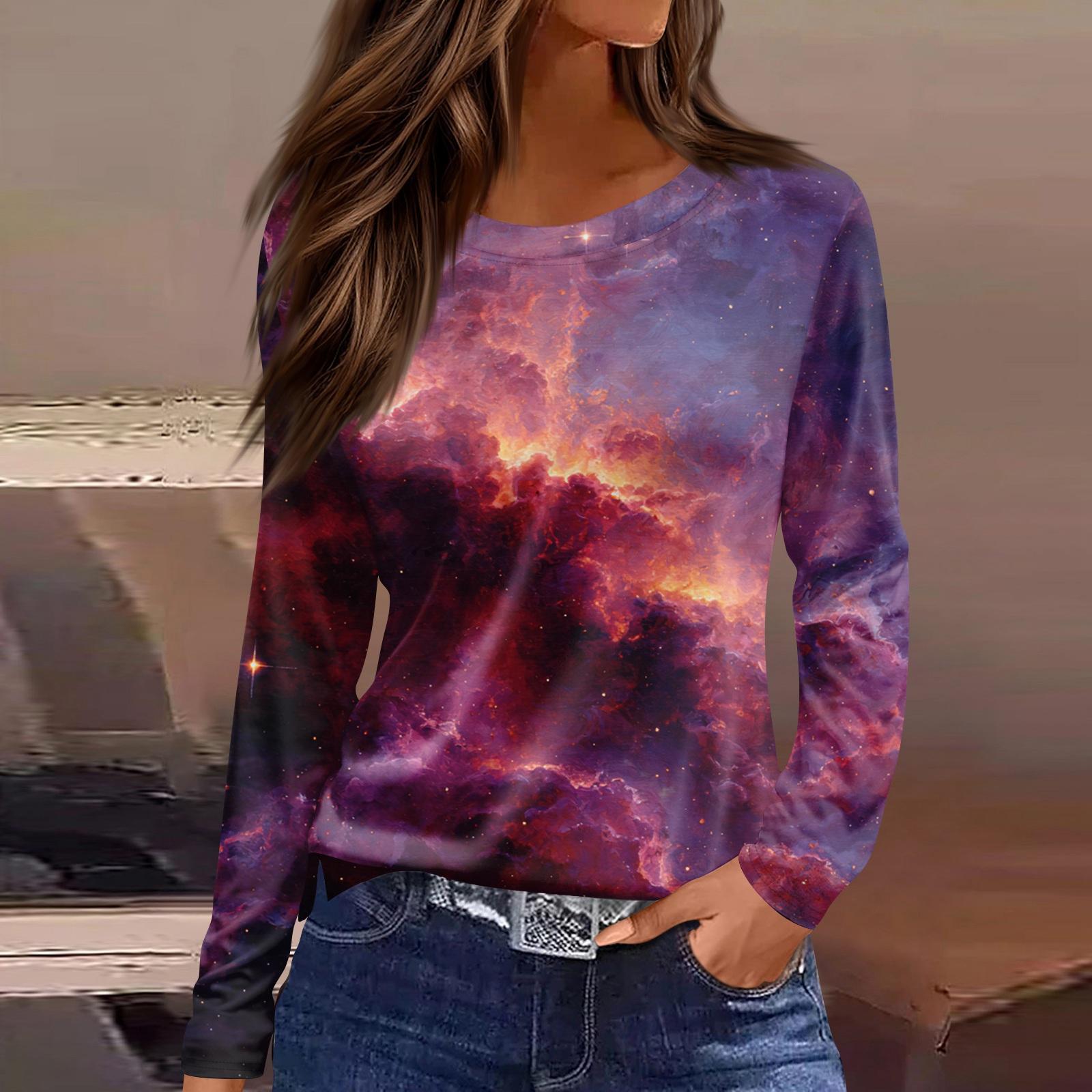 

Women s Fashion Casual Slit Hem Round Neck Long Sleeve Loose Printed T,Shirt Ladies Top L