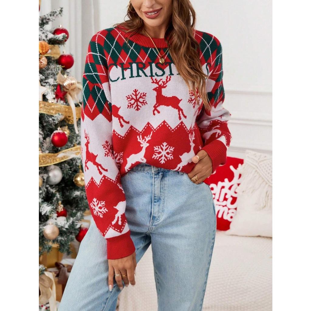 Autumn Winter New Christmas Jacquard Round Neck Long Sleeve Pullover Sweater Casual Loose Knit Top For Women Europe America