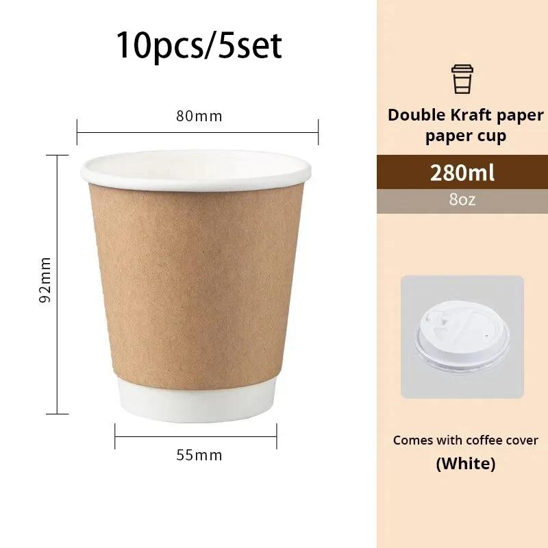2Pcs/set Black/White Lid Coffee Paper Cups Kraft Paper Material Disposable Double Insulated Cup for Coffee Milk Hot Drinks