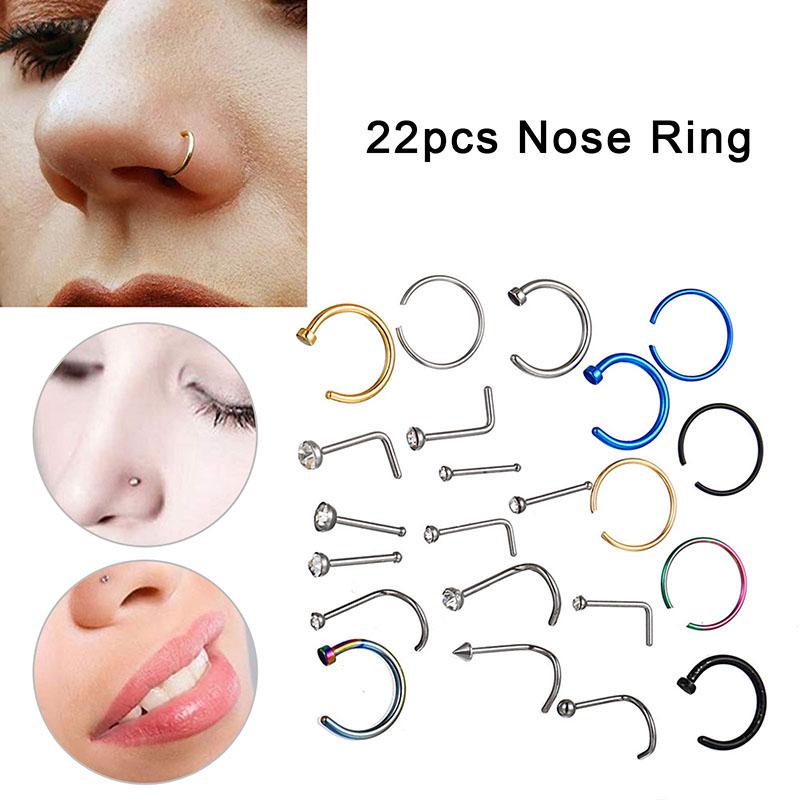 Mix 22Pcs Stud Nose Ring Hoop Septum Helix Nostril Piercing Labret Lip Cartilage