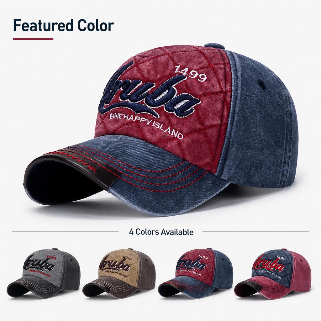 Retro Aruba 1499 Quilted Baseball Cap Unisex Washed Denim Style Dad Hat 3D Letter Embroidery Pu Leather Brim Snapback Sun Cap