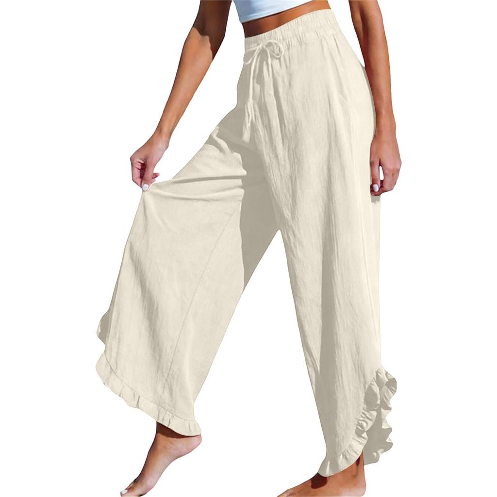 Linen Casual Wide Leg Pants For Women Elastic Waist Versatile Business Casual Work Palazzo Trousers With Pockets