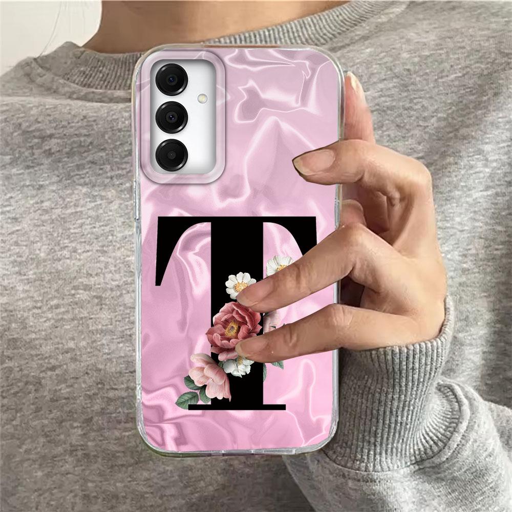 A-Z Black Letter Peony Flower Shockproof Phone Case For Samsung Galaxy A07 A17 A06 A16 A26 A36 A56 A12 A22 Shell Couple Cover