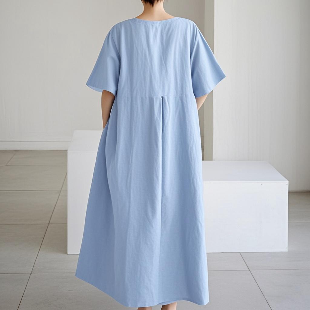 Abito da Donna Primavera Estate Cotone-Lino Ampio Girocollo alla Moda Taglie Forti Manica Corta Casual Comodo Lungo