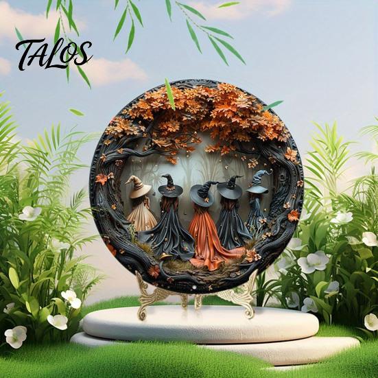 Custom Home Wall Decor Halloween Round Wooden Hanging Door Sign with 5 Witches, Decorative for Living Room Plaque Front Porch Yard Balcony Garden