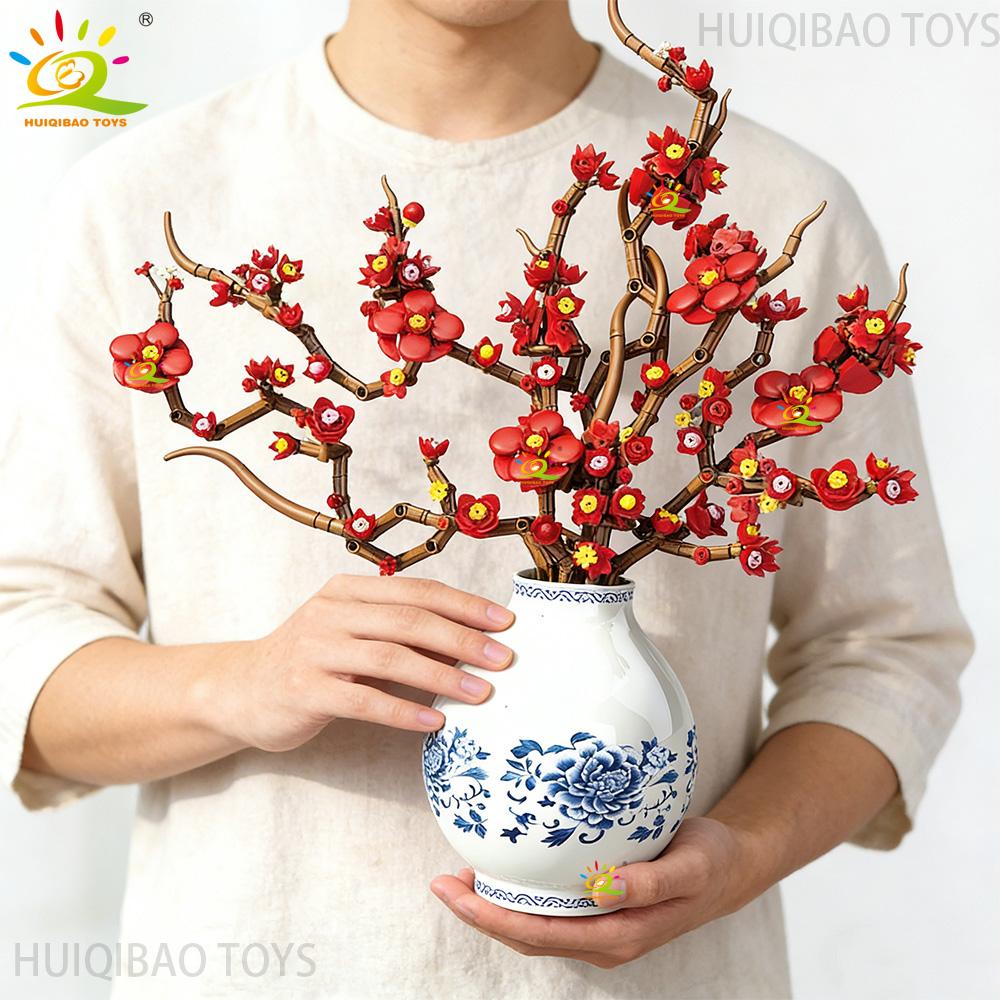 Non-Toxic 2In1 Spring Festival Plum Blossom Holly Model Building Blocks Diy Eternal Flower Desktop Decor Bricks Ornament Toys