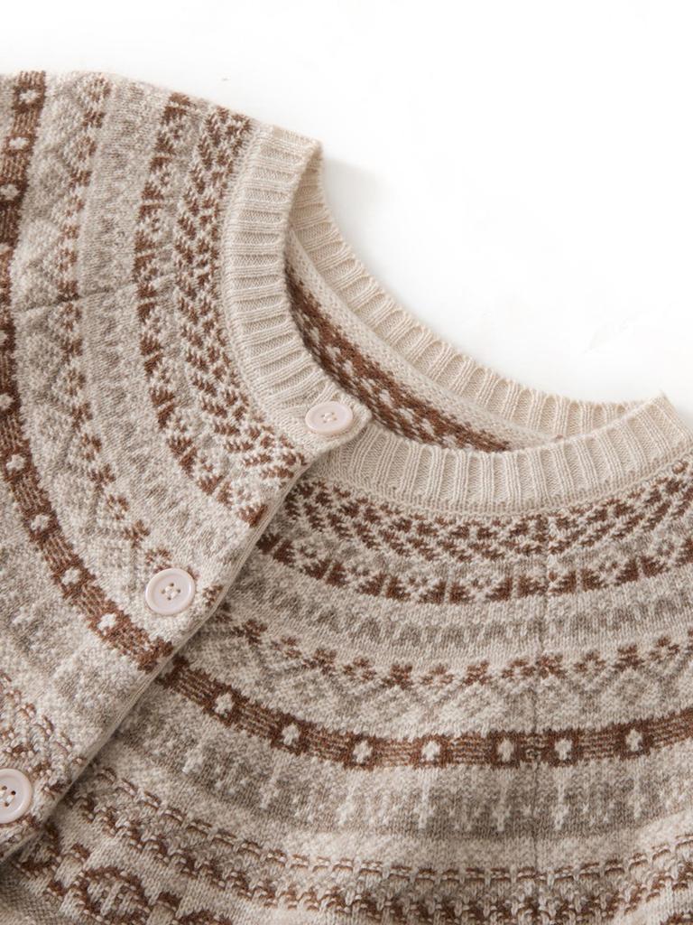 Women's Romantic Cashmere Cardigan - Round Neck, Fair Isle Pattern, Color Block, Autumn/Winter Knitted Sweater Coat