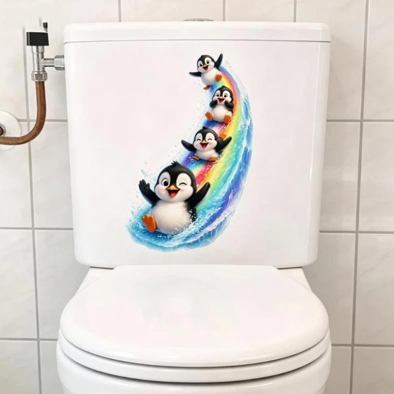 Self-Adhesive Waterproof Cute Penguin Toilet Lid Sticker 1PCS Removable Decor for Home Bathroom DIY Decoration Project