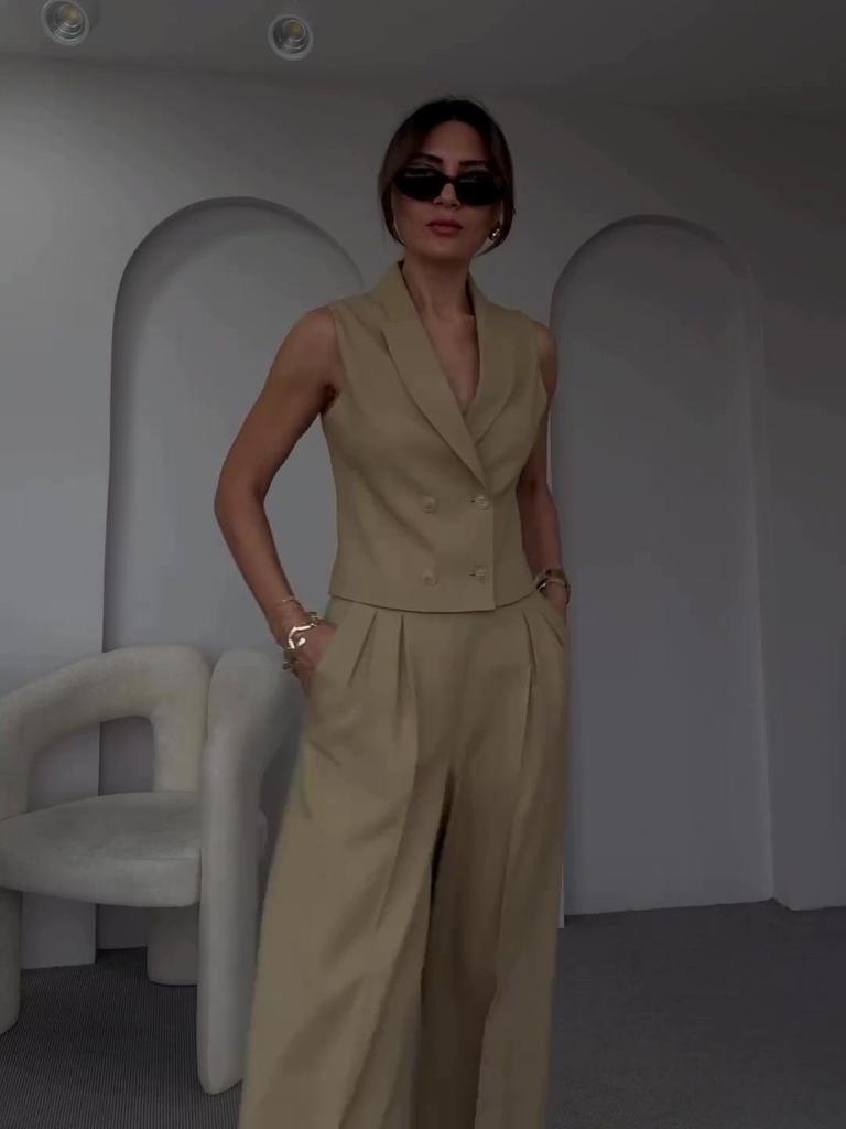 2024 Summer European & American Solid Color Lapel Sleeveless Vest and Wide-Leg Long Pants Set