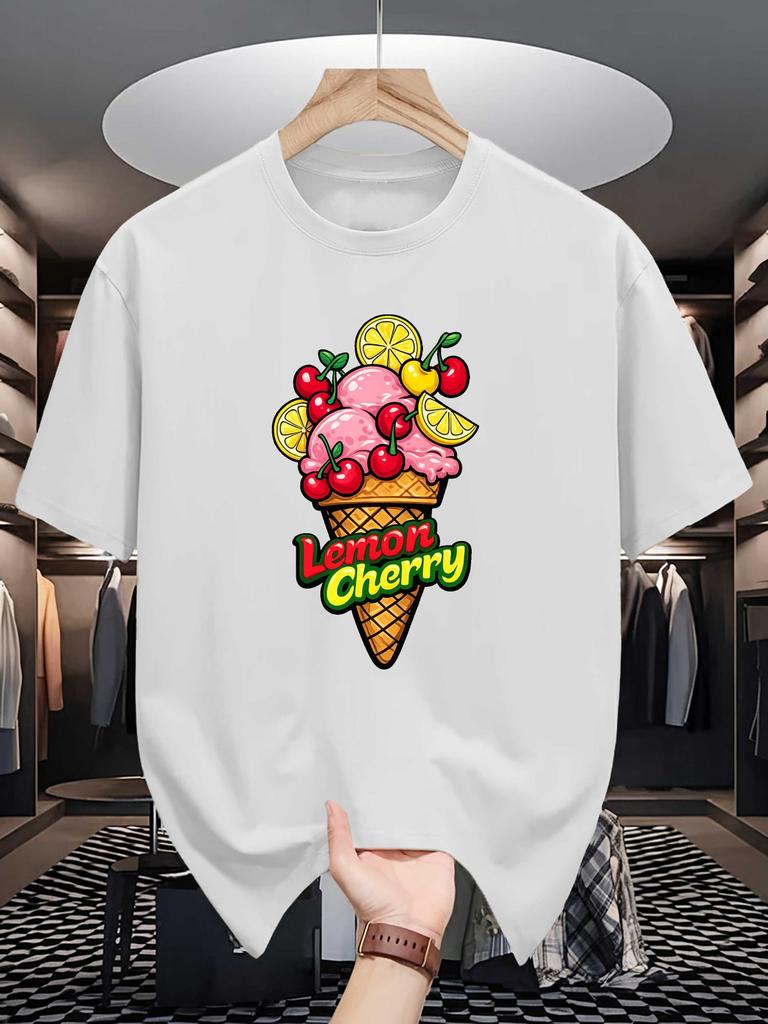 Unisex Summer Short Sleeve Crew Neck Tee Cartoon Lemon Cherry Ice Cream Print Casual Loose Fashion Streetwear Daily Basic Top
