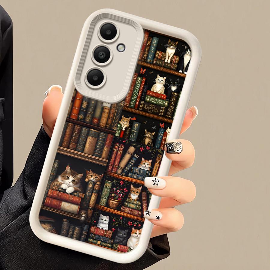 Coque de téléphone pour Samsung Galaxy A16 A34 A12 A14 A32 A23 A26 A56 A15 A51 A73 A53 A54 Coque souple Étagère à livres vintage Chaton