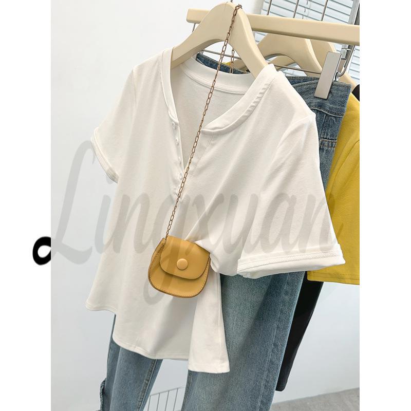 Summer 2026 Plus Size Women s Casual Versatile Short Sleeve Half Open Collar Slimming T-shirt 4XL абрикосовый