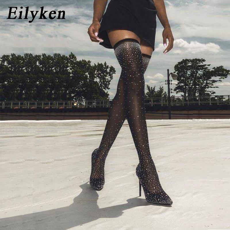 Fashion Eilyken Design Fashion Pointed Toe Bling Over Knee Boots Crystal Long Women Thigh High Heel Sexy Club Sock Botas Mujer