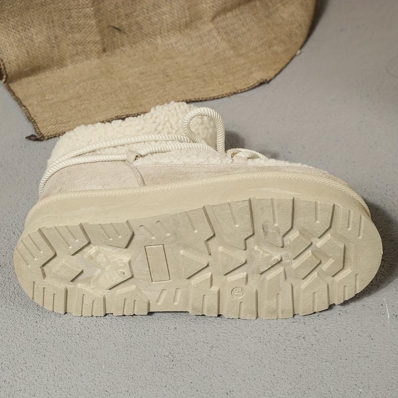 Women's Winter Plush Furry Collar & Cuff Short Boots - Beige Round-Toe Lace-Up Snow Boots with TPR Sole, Warm Cozy Traction Tires for Ice & Snow