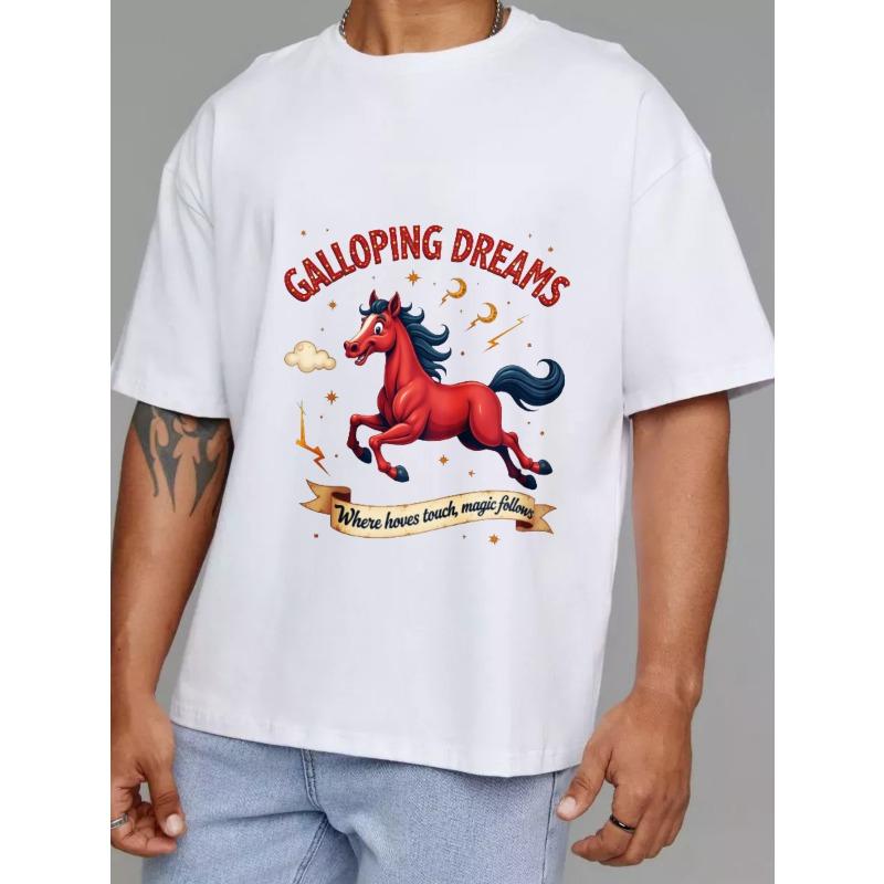 White T-Shirt Galloping Dreams Red Horse Magic Print for Casual Wear and Fantasy Lovers