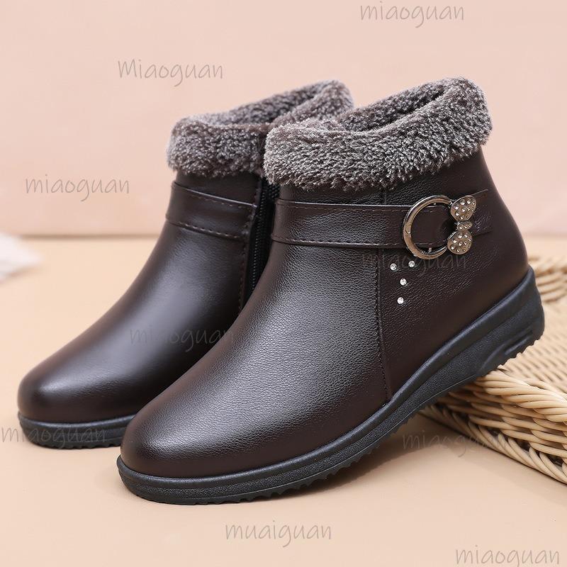 Casual Side Zip Pu Ankle Boots Women 2025 Winter Warm Short Plush Non Slip Mom's Shoes Vintage Soft Faux Fur Wedge Heel Booties