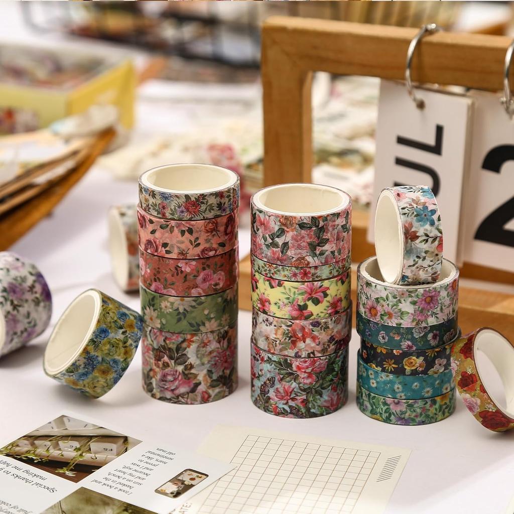 Floral Washi Tape Set - 15 Rolls Flowers Arts Adhesive Tapes Garden Blooms Decorative Stickers Masking Tape Sets for Craft A3270