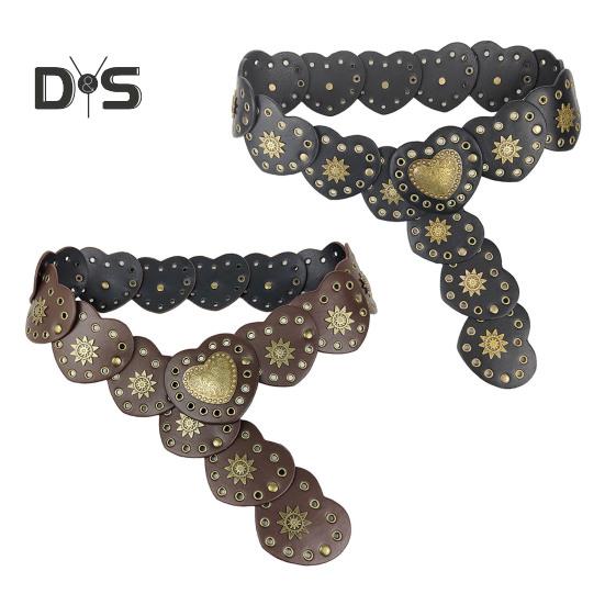Retro Western Cowboy Belt Hollow Hole Metal Heart Stitching Waistband Solid Color Faux Leather Adjustable Belt Costume Accessories