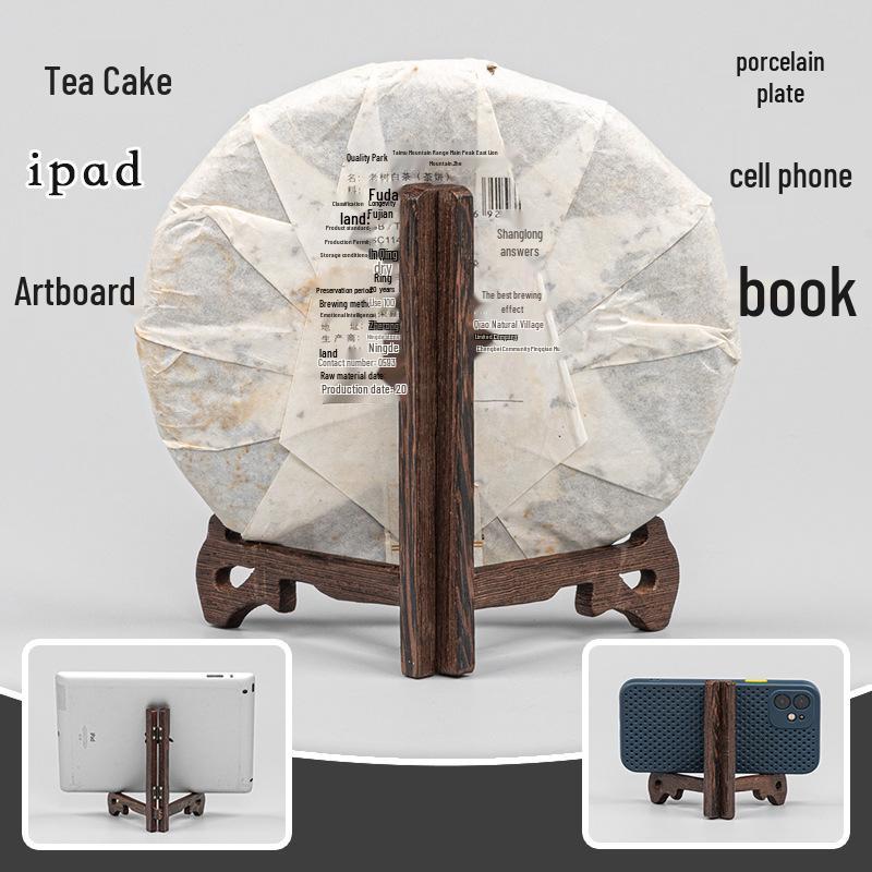 Wenge Wood Pu-erh Tea Cake Display Stand with Porcelain Plate and Photo Frame - Solid Wood Round Rack for Hanging and Display