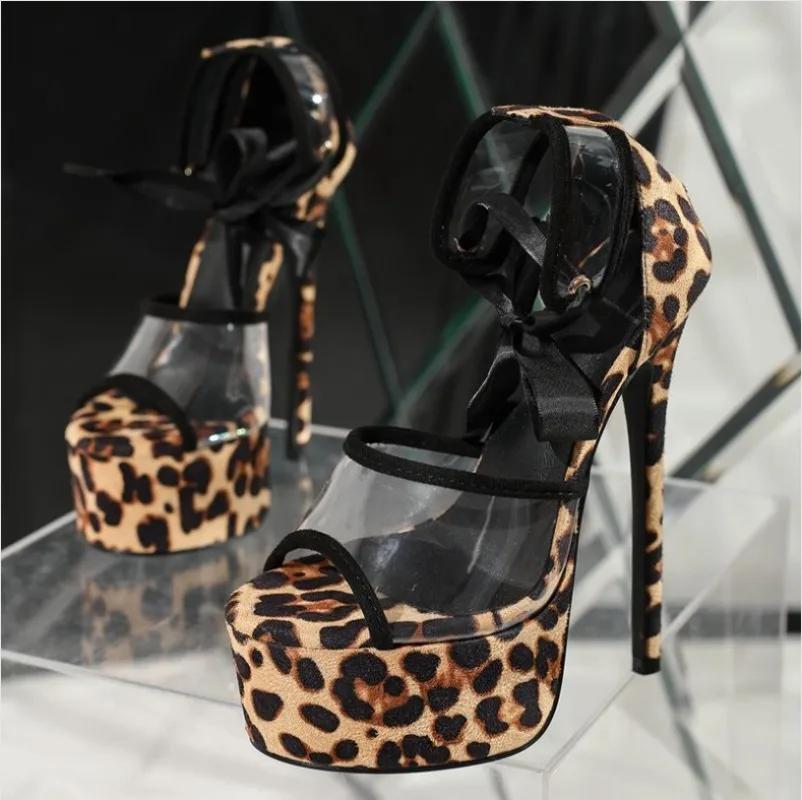 2024 New High Heel Women's Shoes Leopard Pattern Thin High Heel Transparent Strap Sandals Platform Shoes Heels Women
