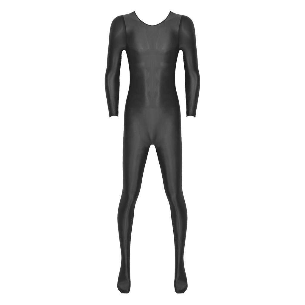Herren Glatter Unifarbener Langarm Rundhals Bodystocking Nachtwäsche Body