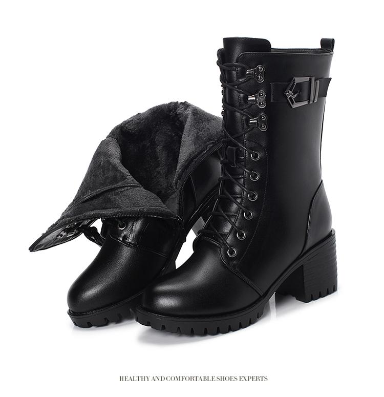 Fashion GKTINOO Boots Women Genuine Leather High-heeled Large Size Motorcycle Boots Women New Wool Warm Winter Boots for Women