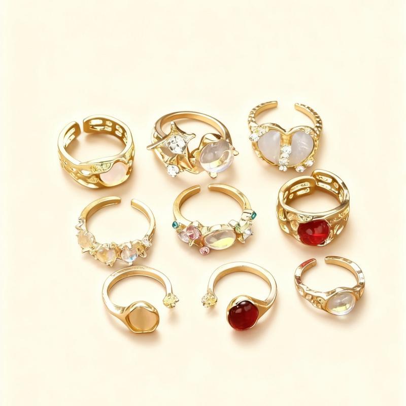 9Pcs Y2K Crystal Heart Open Rings Set For Women Girls Vintage Punk Metal Irregular Geometric Adjustable Ring Trendy Jewelry Gift