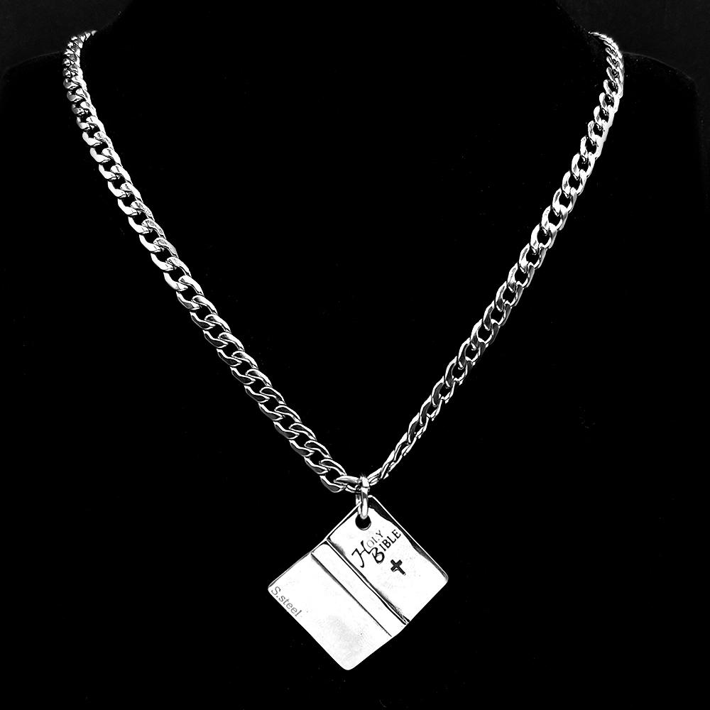 Christian Holy Bible Book Cross Pendant Necklace For Women Men Stainless Steel Silver Color Punk Retro Metal Chain Jewelry Gift