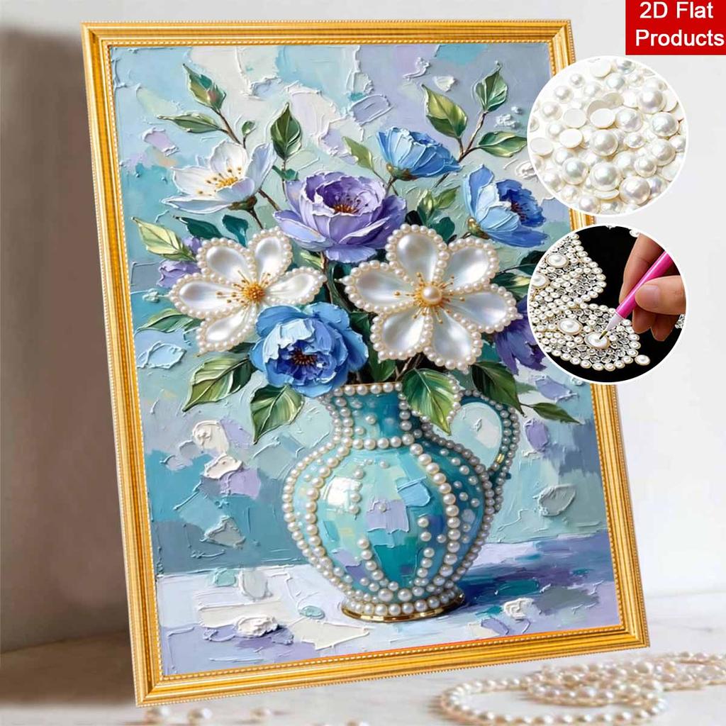 DIY Frameless Pearl Painting Kit Blue Vase Flowers 3D Shiny Bead Art Canvas Relaxing Creative Craft for Home Wall Decor Gift