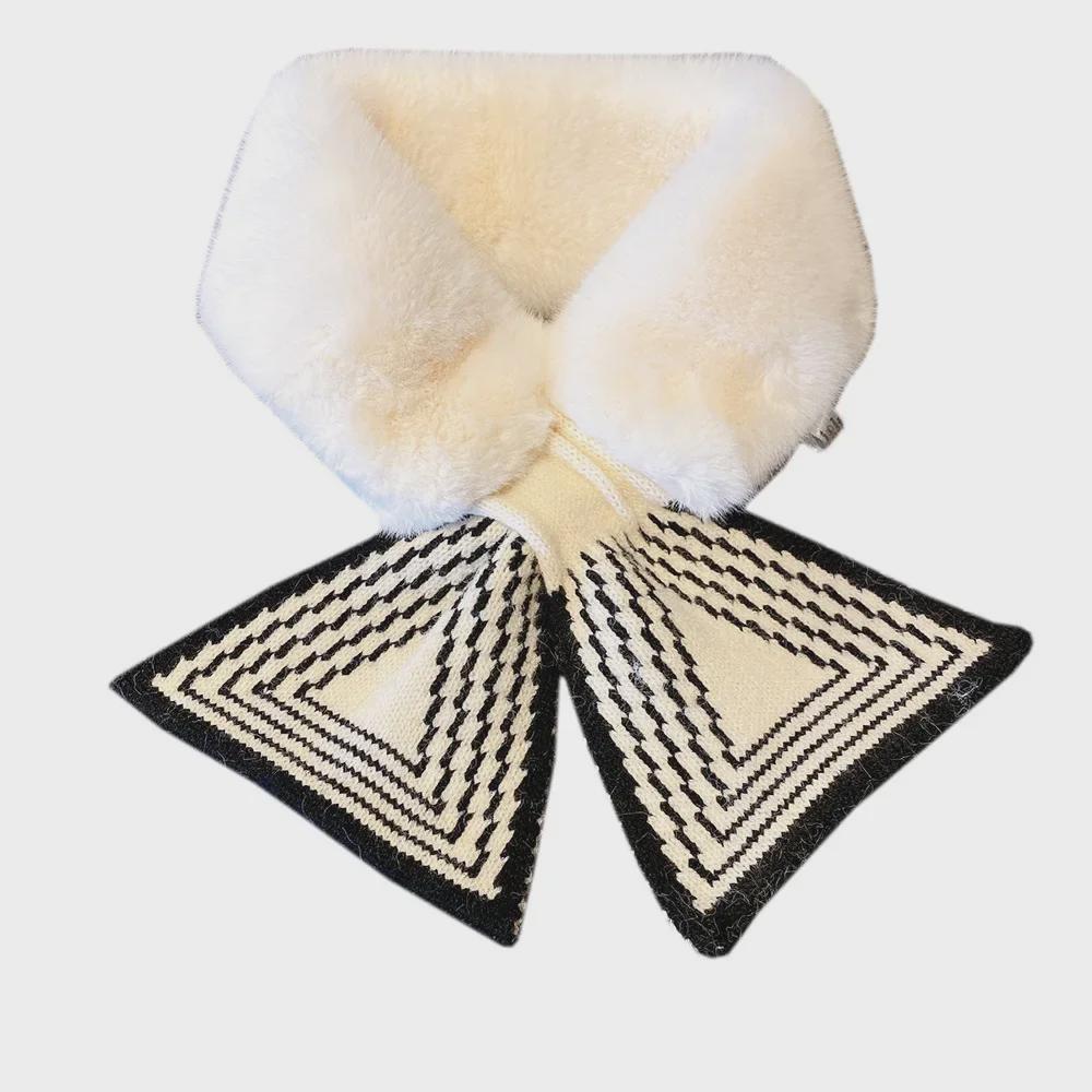 Pletená vlněná šála v korejském stylu s plyšovým akcentem - Hřejivý zimní nákrčník pro ženy a studenty