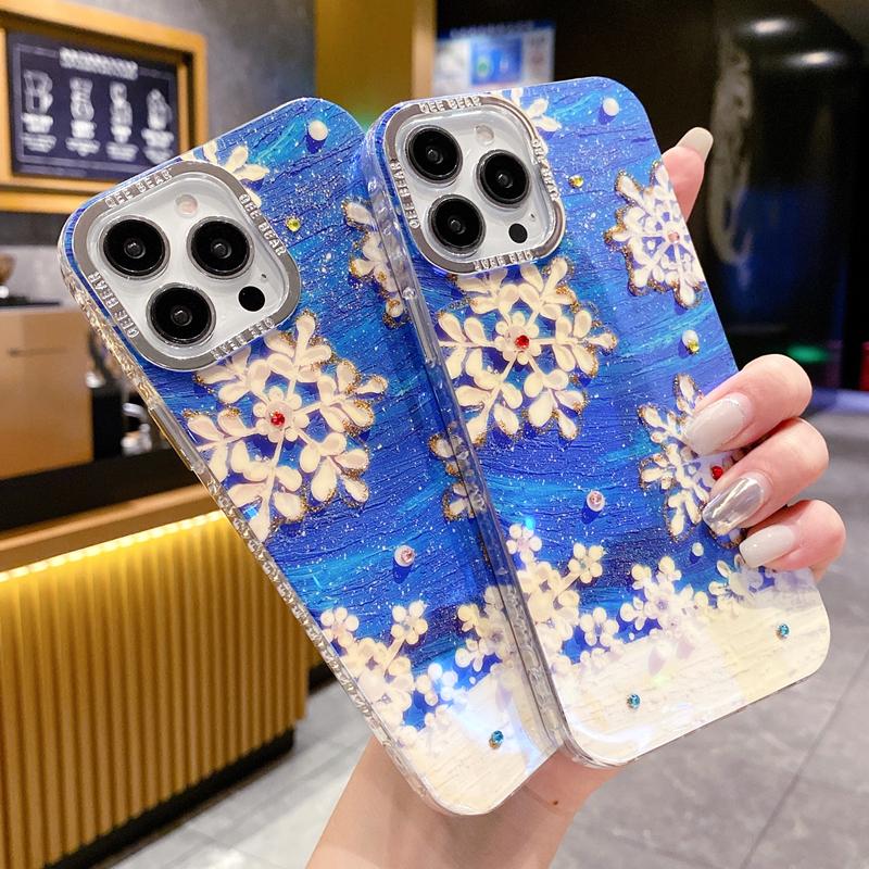 For iPhone 15 Pro Max Fashion Glitter Flowers Luxury Transparent Frame Phone Case For iPhone 11 12 13 14 16Plus Protective Cover