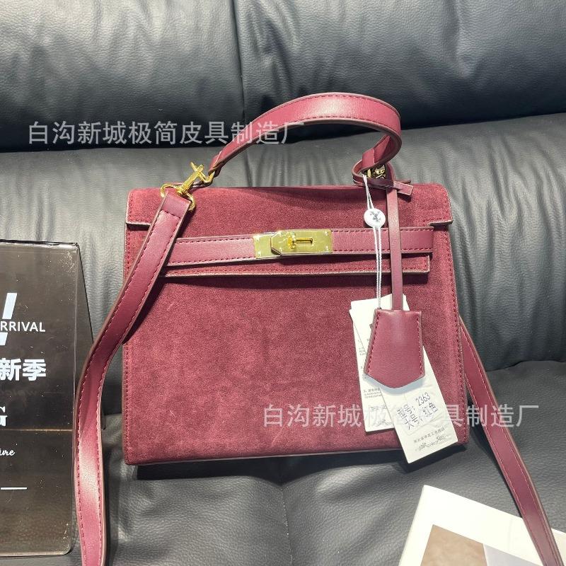 Vintage Matte Portable Suede Kelly Bag Velvet Platinum Bag Autumn and Winter New Fashion Shoulder Ellyag