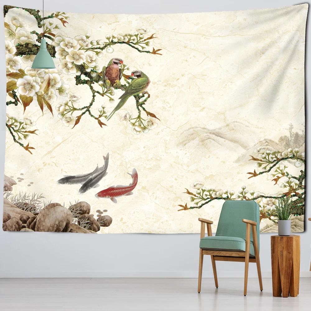 Artistic Conception Flower And Bird Painting Mural Tapestry Bohemian Psychedelic Wall Hanging Bedroom Living Room Home Decor