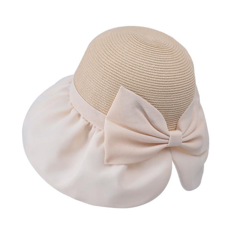

8457 Summer Outdoor Fashion Sun-Proof Straw Hat Big Brim Bows Sun Hat Female Easiest for Match Sun-Proof Bucket Hat Tide Beige